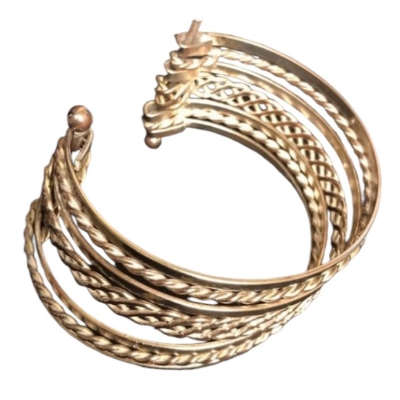 Vintage Cuff Bangle Bracelet silver brass tone stacked & barbell end  2.5" X 1" - Picture 7 of 11